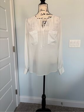 BCBGMaxAzria White Sheer Pocket Tie-Neck Blouse